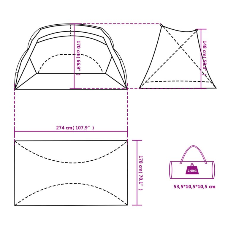 Šator za plažu sivi 274 x 178 x 170/148 cm 185T poliesterski