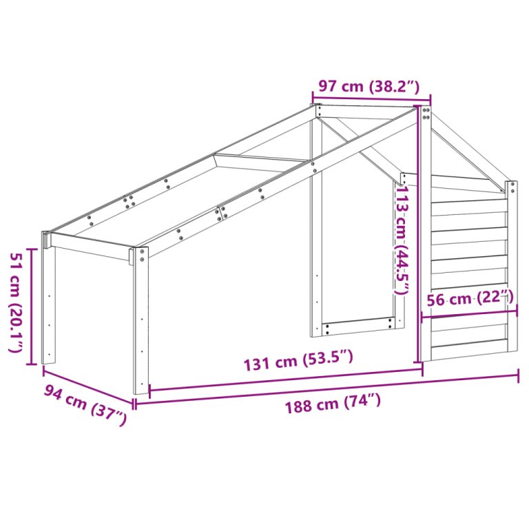 Krov za dječji krevet 188 x 97 x 113 cm od masivne borovine