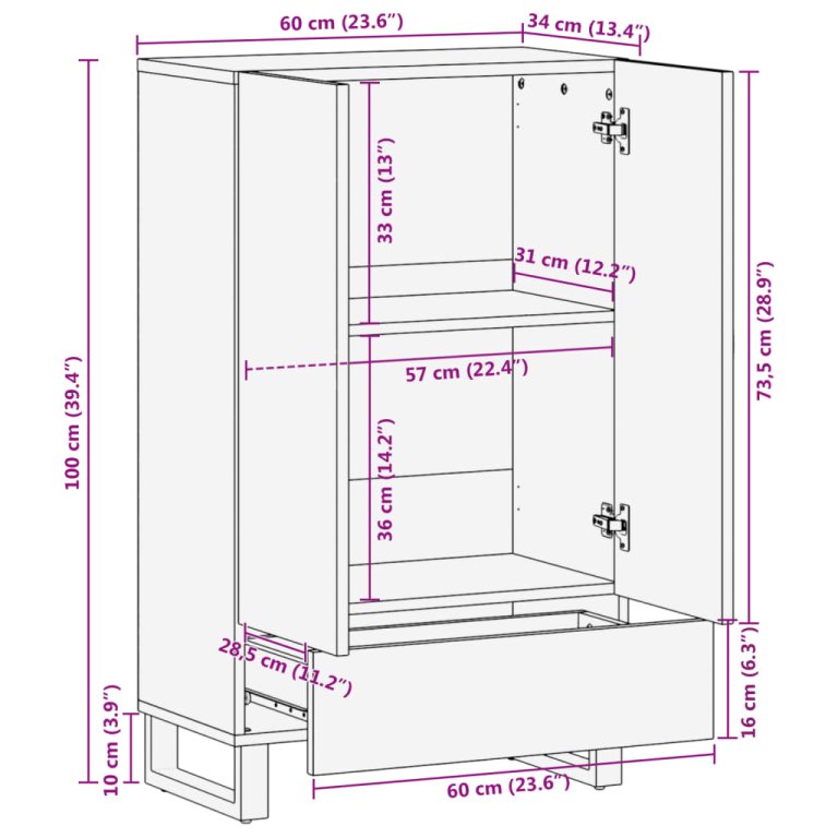 Visoka komoda 60 x 34 x 100 cm od masivnog bagremovog drva